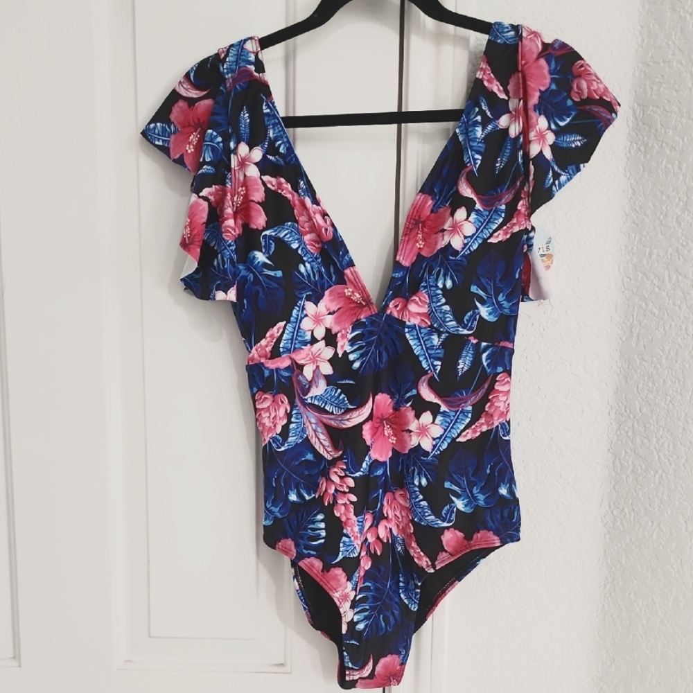 Floral V-Neck Swimsuit One Piece Sz Small